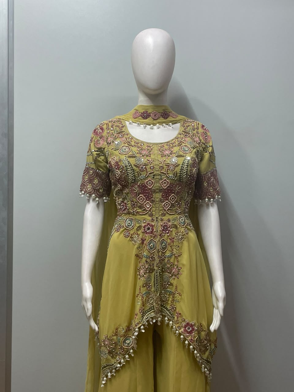 Chartreuse Jewel Embroidered Peplum Palazzo Ensemble - detail view