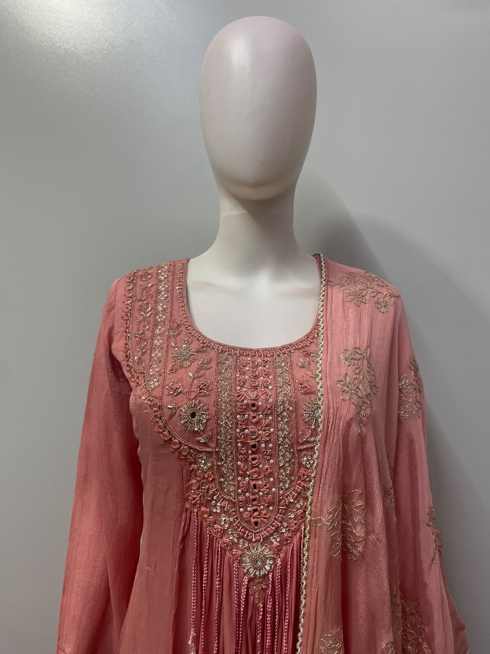 Coral Rose Gold Embroidered Anarkali Set