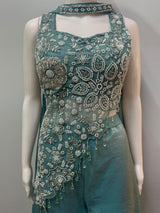 Dusty Teal Silver Floral Palazzo Set
