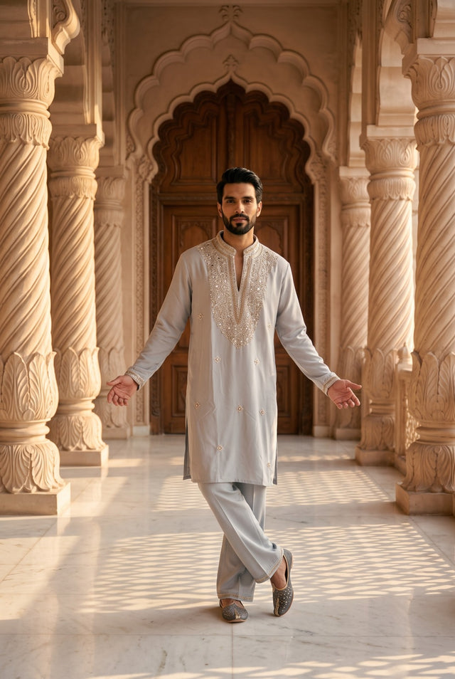 Pearl grey men's kurta with an ornate champagne gold embroidered neckline