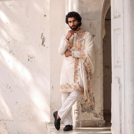 Ivory men's kurta with multicolour floral panels and matching shawl
