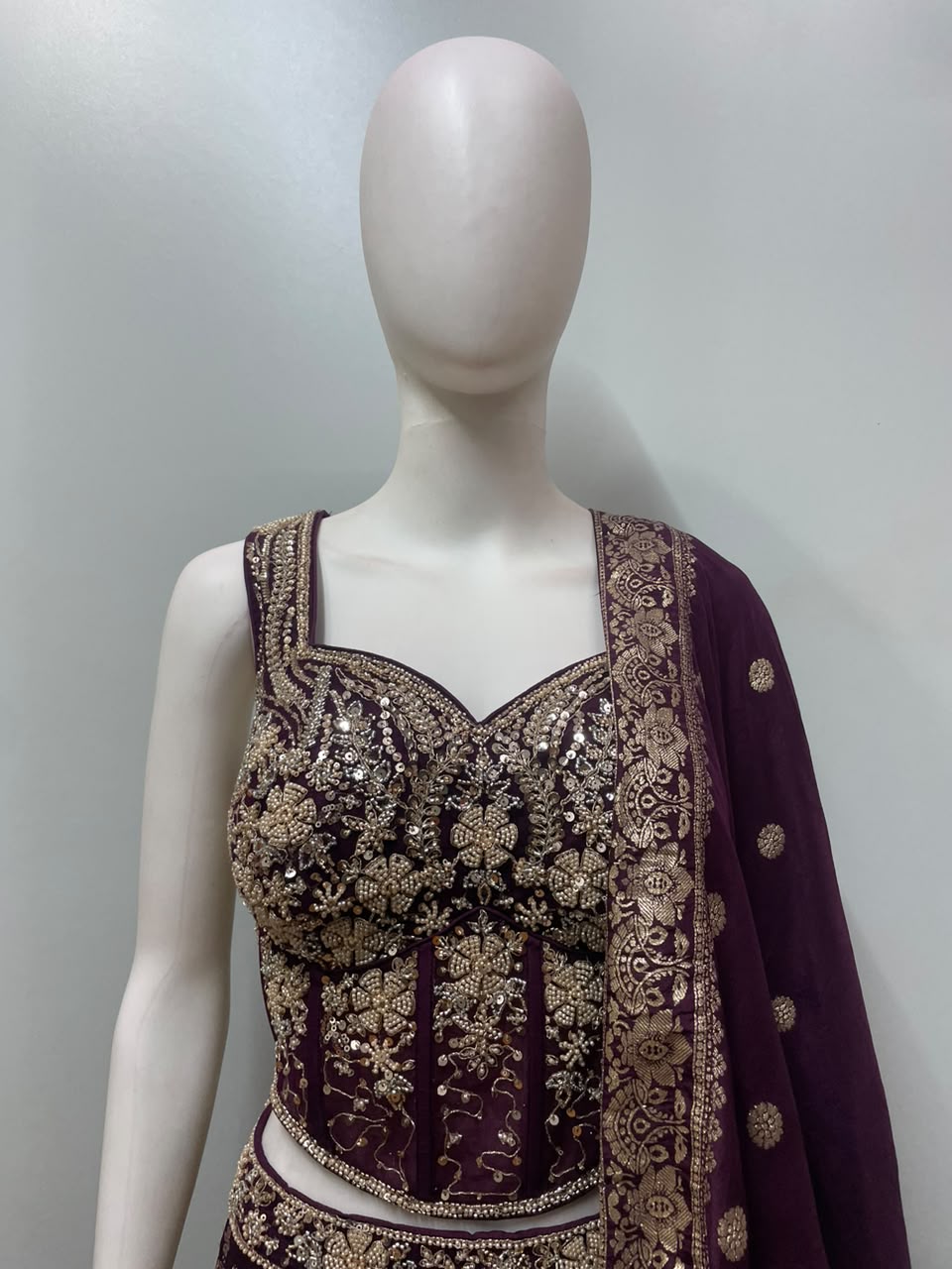 Aubergine Gold Embroidered Bridal Lehenga Set