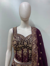 Aubergine Gold Embroidered Bridal Lehenga Set