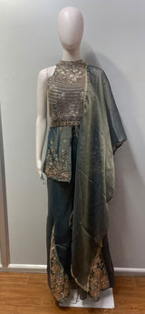 Smoky Teal Antique Gold Halter Palazzo Set