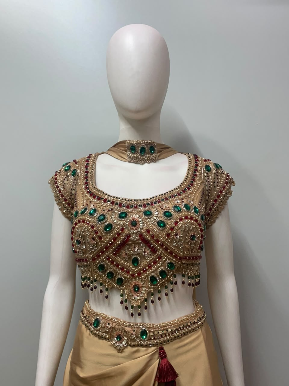 Champagne Emerald Jewel Draped Saree Couture Set
