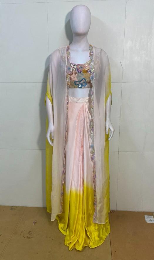 Peach Lemon Embroidered Cape Palazzo Set