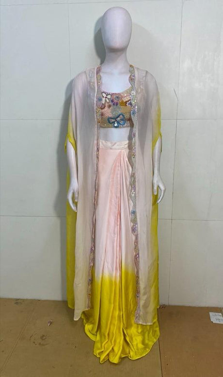 Peach Lemon Embroidered Cape Palazzo Set