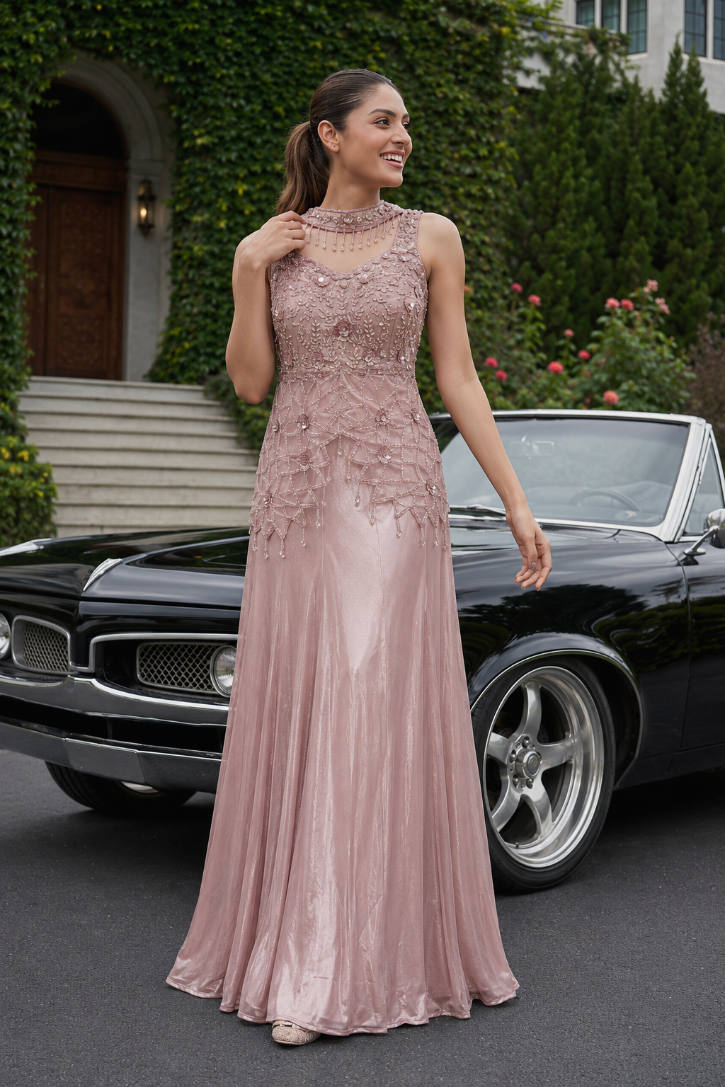 Dusty Rose Crystal Embroidered Evening Gown