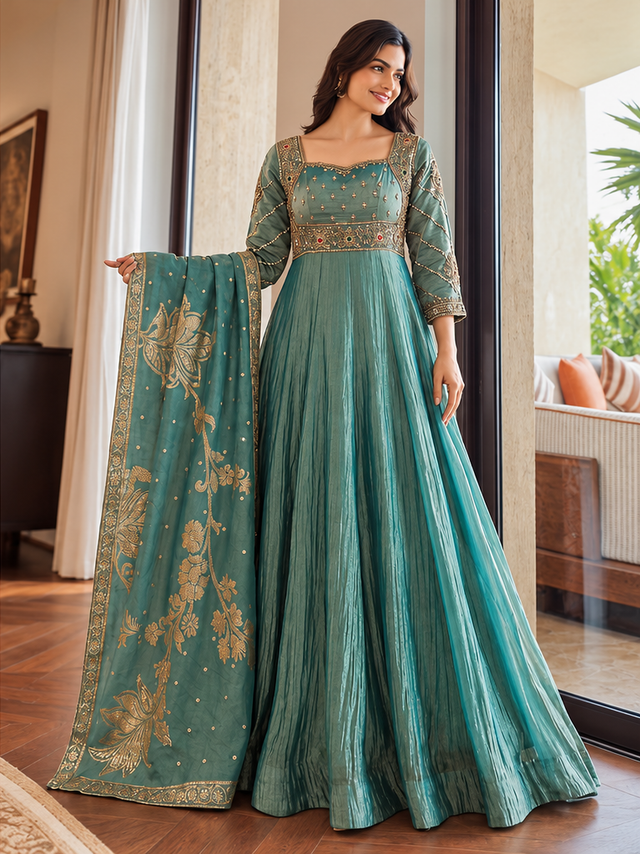 Dusty teal Anarkali with antique gold embroidery framing the neckline