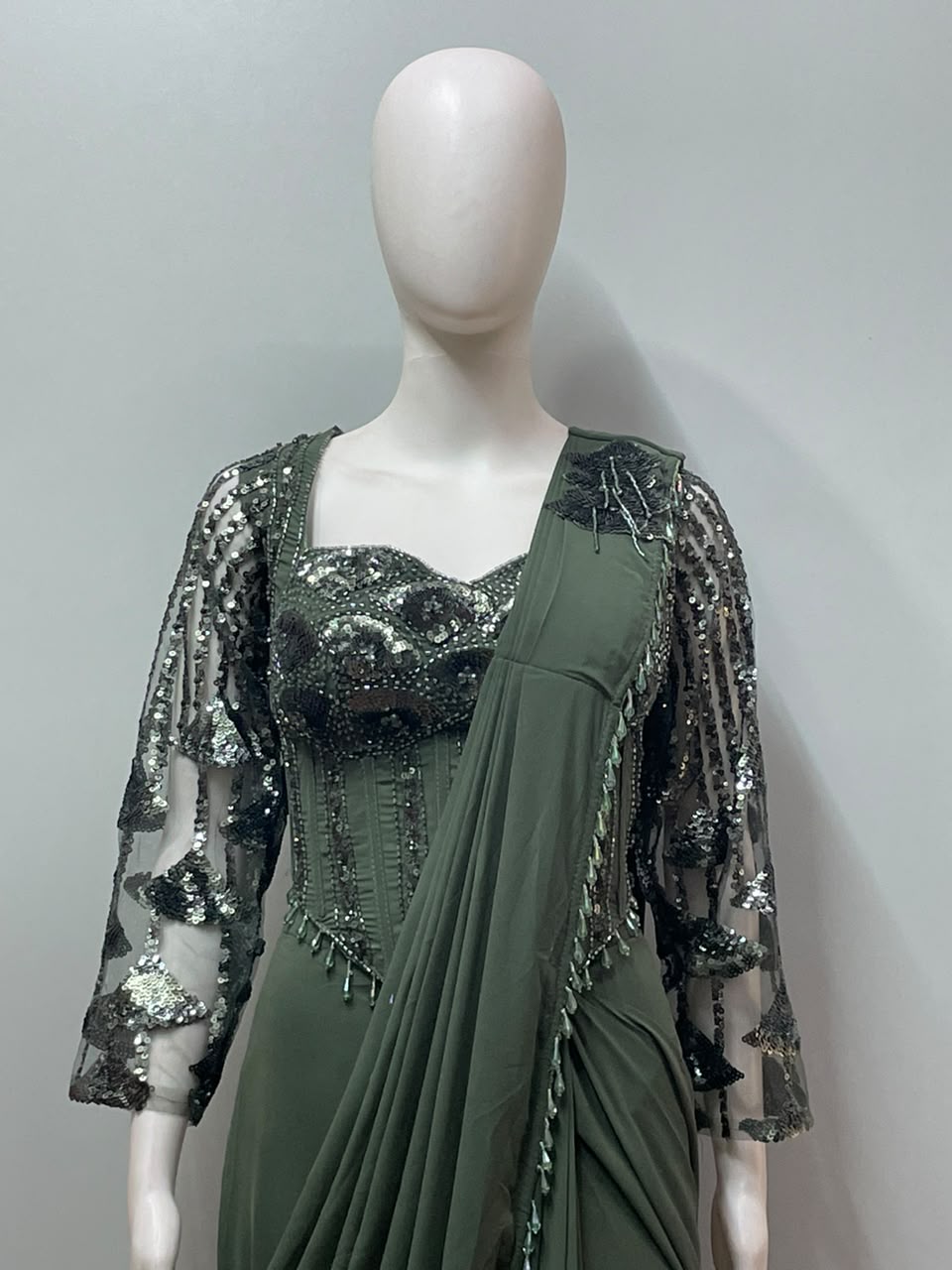 Olive Noir Embellished Corset Saree Set