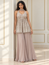 Champagne taupe halter palazzo set with ivory floral detailing and flowing trousers