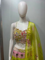 Chartreuse Floral Mirrorwork Lehenga Couture Set