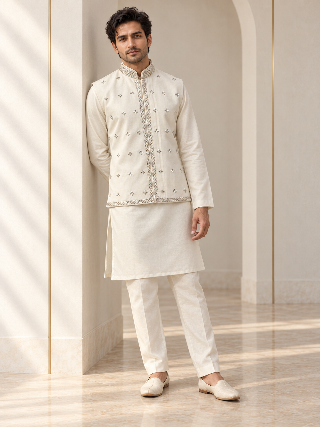 Pearl Ivory Silver Mirror Work Nehru Jacket Kurta Set
