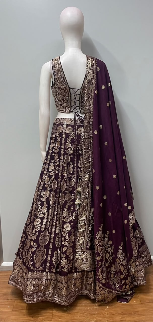 Aubergine Gold Embroidered Bridal Lehenga Set