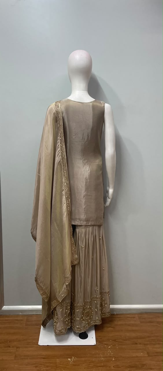 Champagne Taupe Gold Embroidered Sharara Couture Ensemble