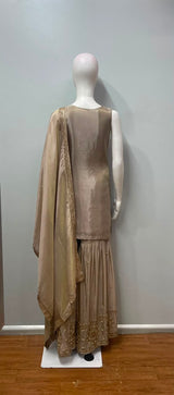 Champagne Taupe Gold Embroidered Sharara Couture Ensemble