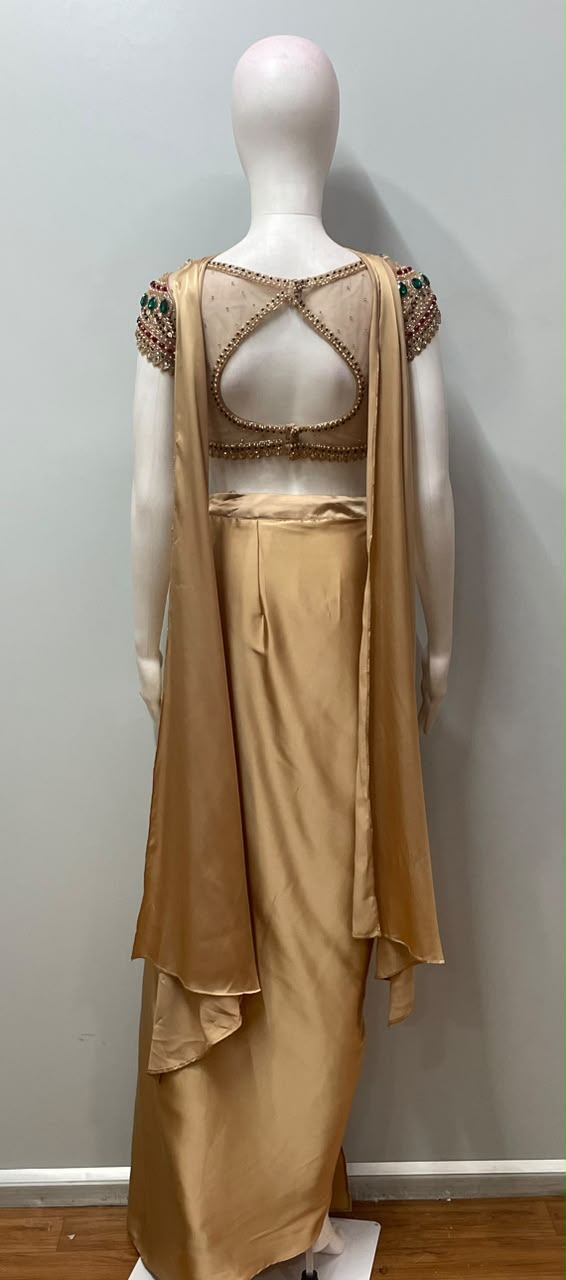 Champagne Emerald Jewel Draped Saree Couture Set