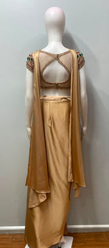 Champagne Emerald Jewel Draped Saree Couture Set
