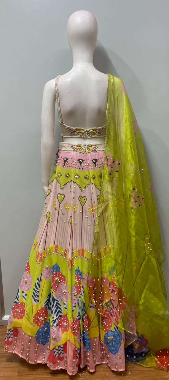 Chartreuse Floral Mirrorwork Lehenga Couture Set