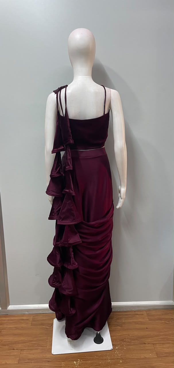 Wine Corset Draped Saree Set