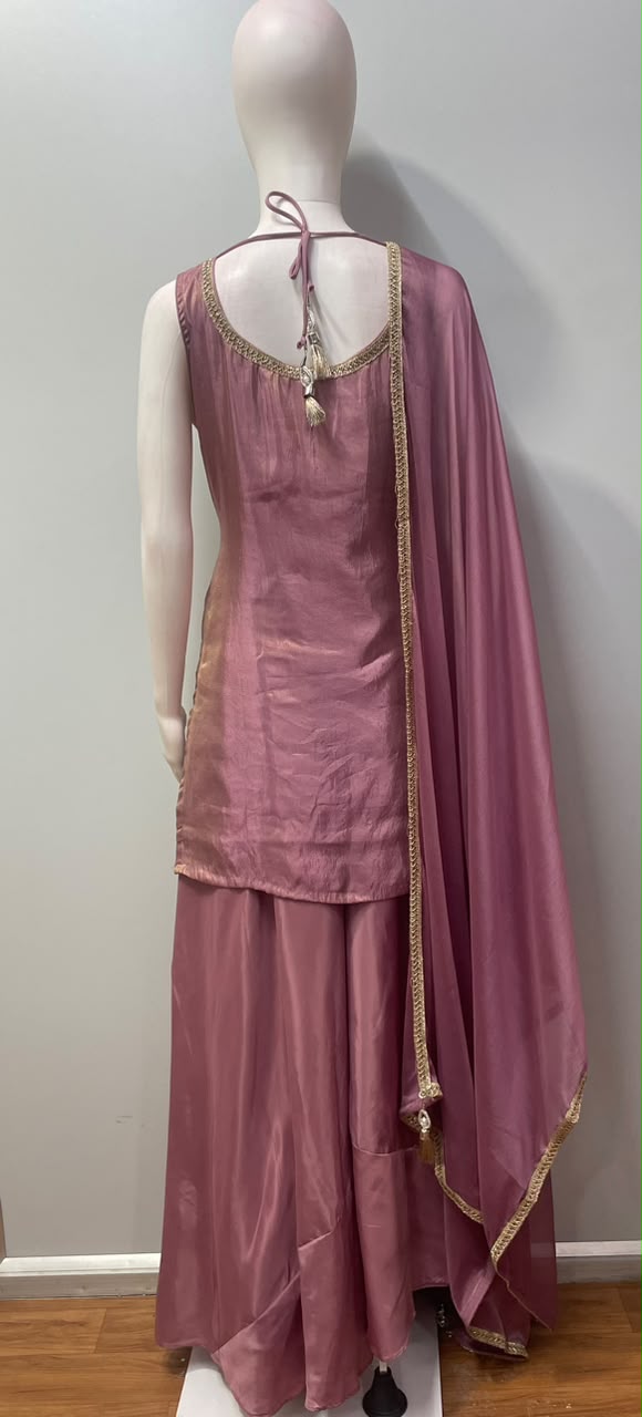 Wide-leg palazzo pants and drape from the mauve rose festive set