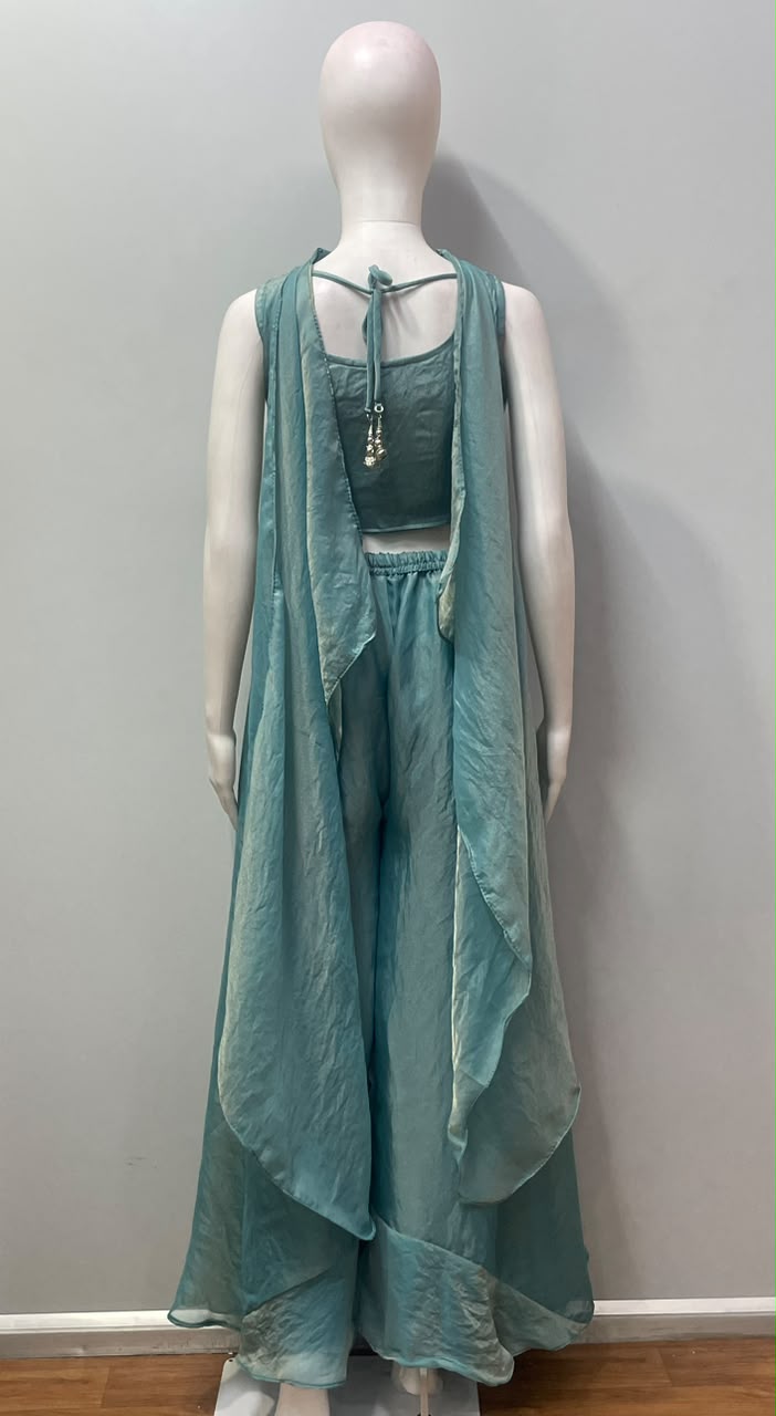 Dusty Teal Silver Floral Palazzo Set
