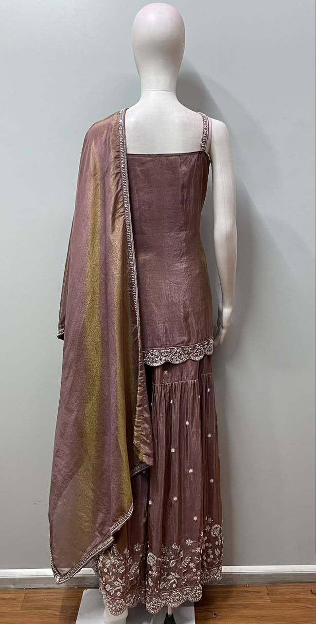 Mauve Bronze Floral Embroidered Sharara Ensemble
