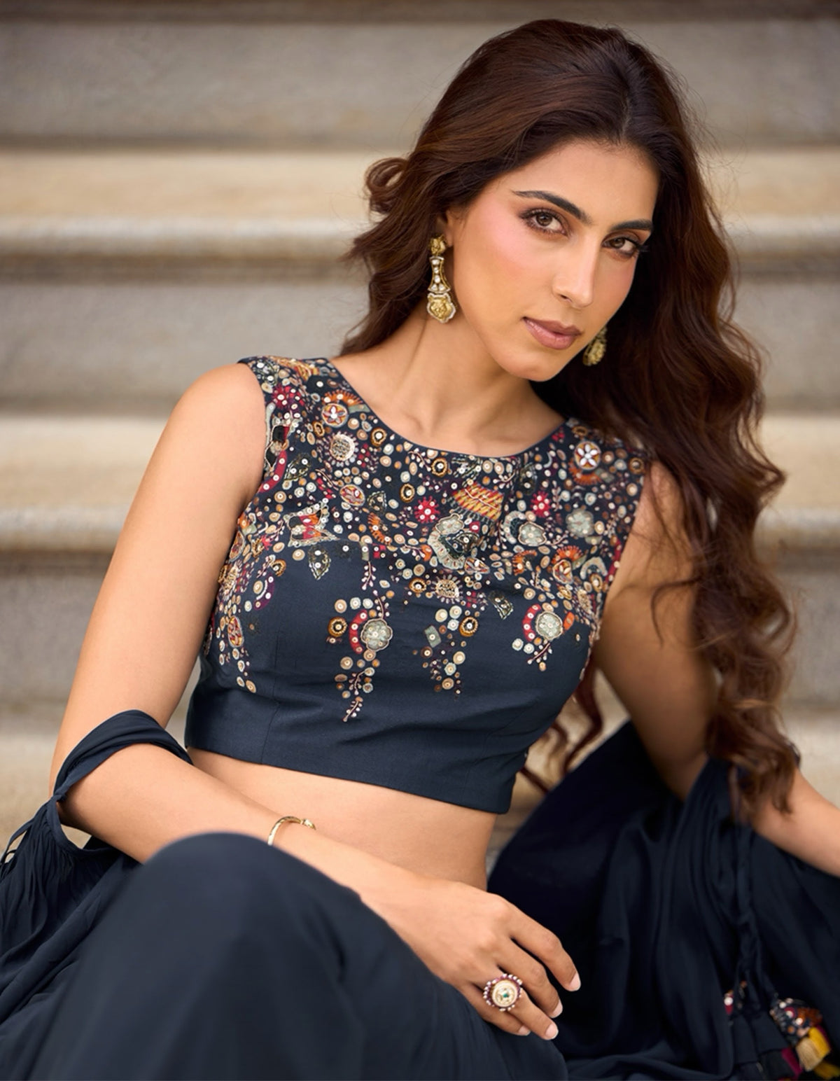 Midnight Navy Multicolor Jewel Cape Dhoti Set