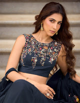 Midnight Navy Multicolor Jewel Cape Dhoti Set