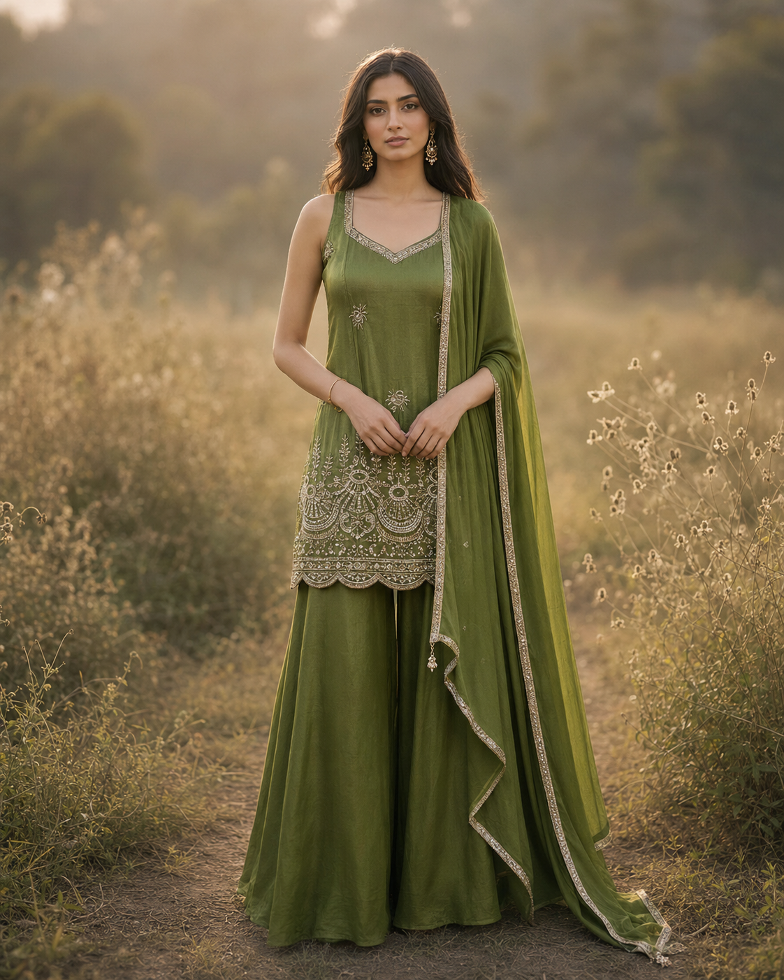 Olive Zari Embroidered Palazzo Set