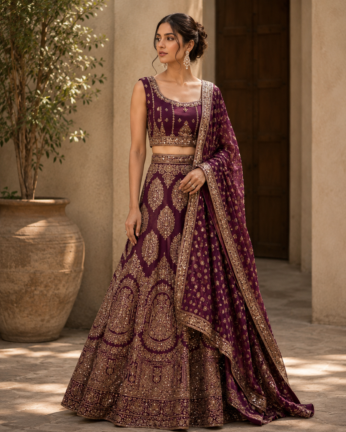 Deep Plum Gold Embroidered Bridal Lehenga Set