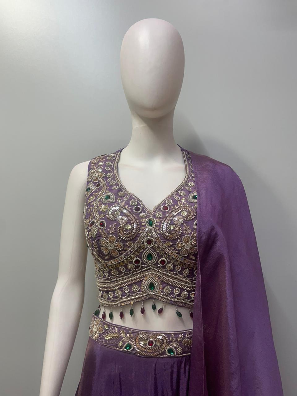 Smoky Lilac Antique Gold Jewel Lehenga Set