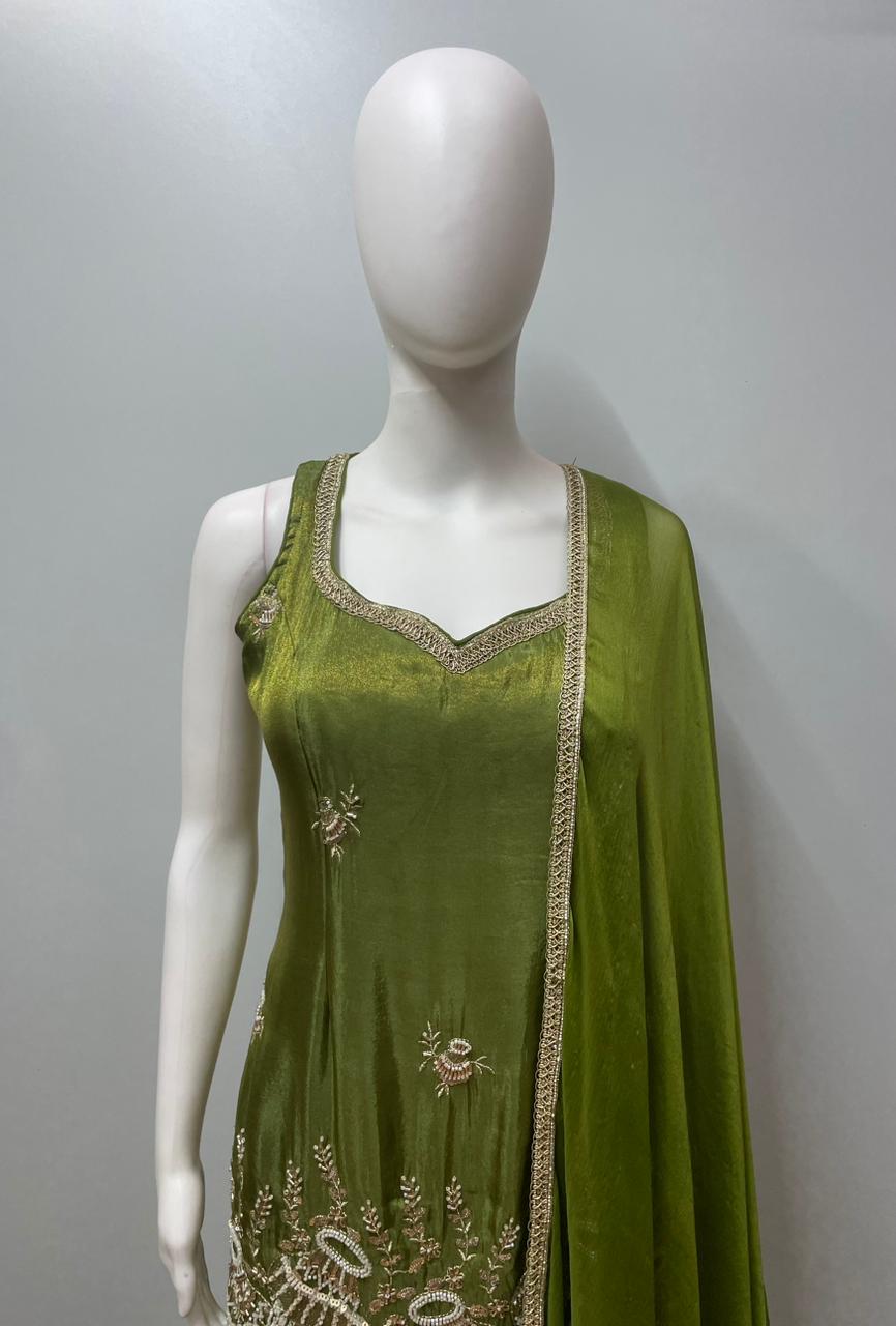 Olive Zari Embroidered Palazzo Set