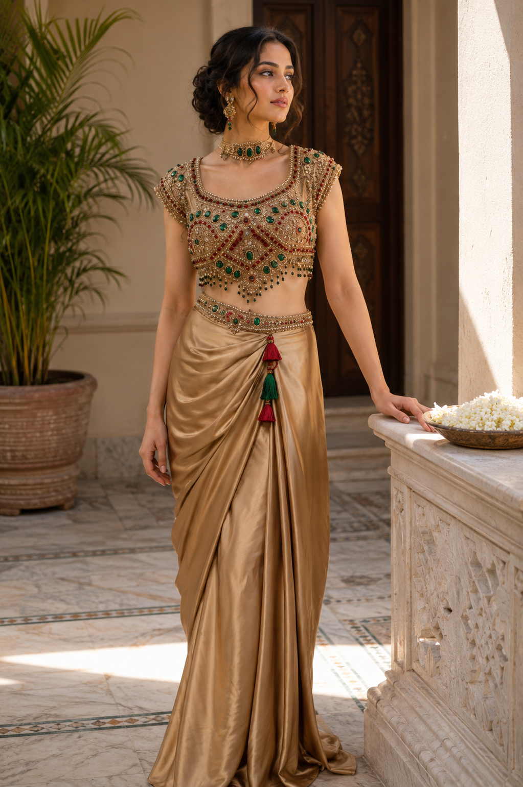 Champagne Emerald Jewel Draped Saree Couture Set