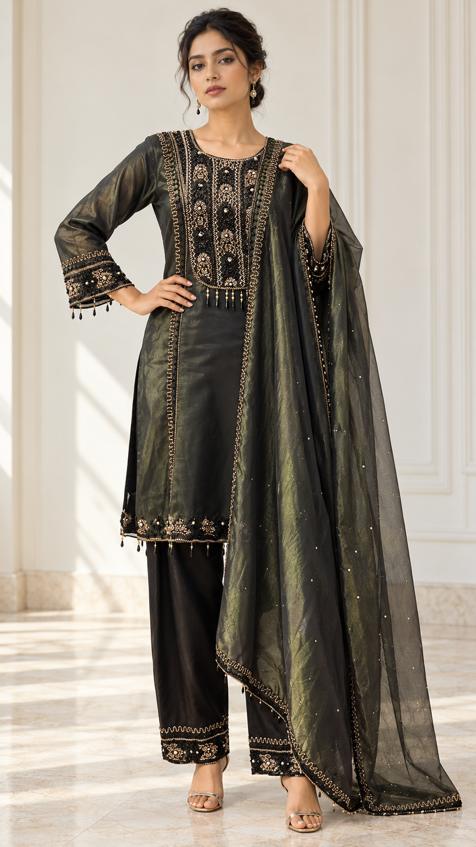 Olive Charcoal Pearl Jewel Kurta Set