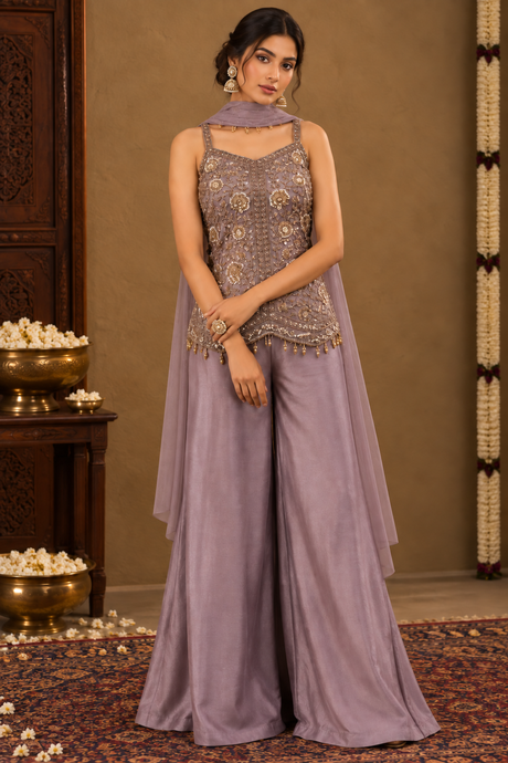 Smoky lilac palazzo set with antique gold floral work and a matching sheer drape