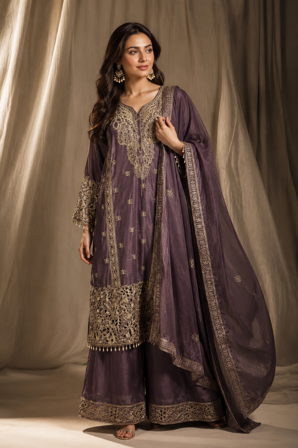 Smoky Mauve Zari Gharara Set
