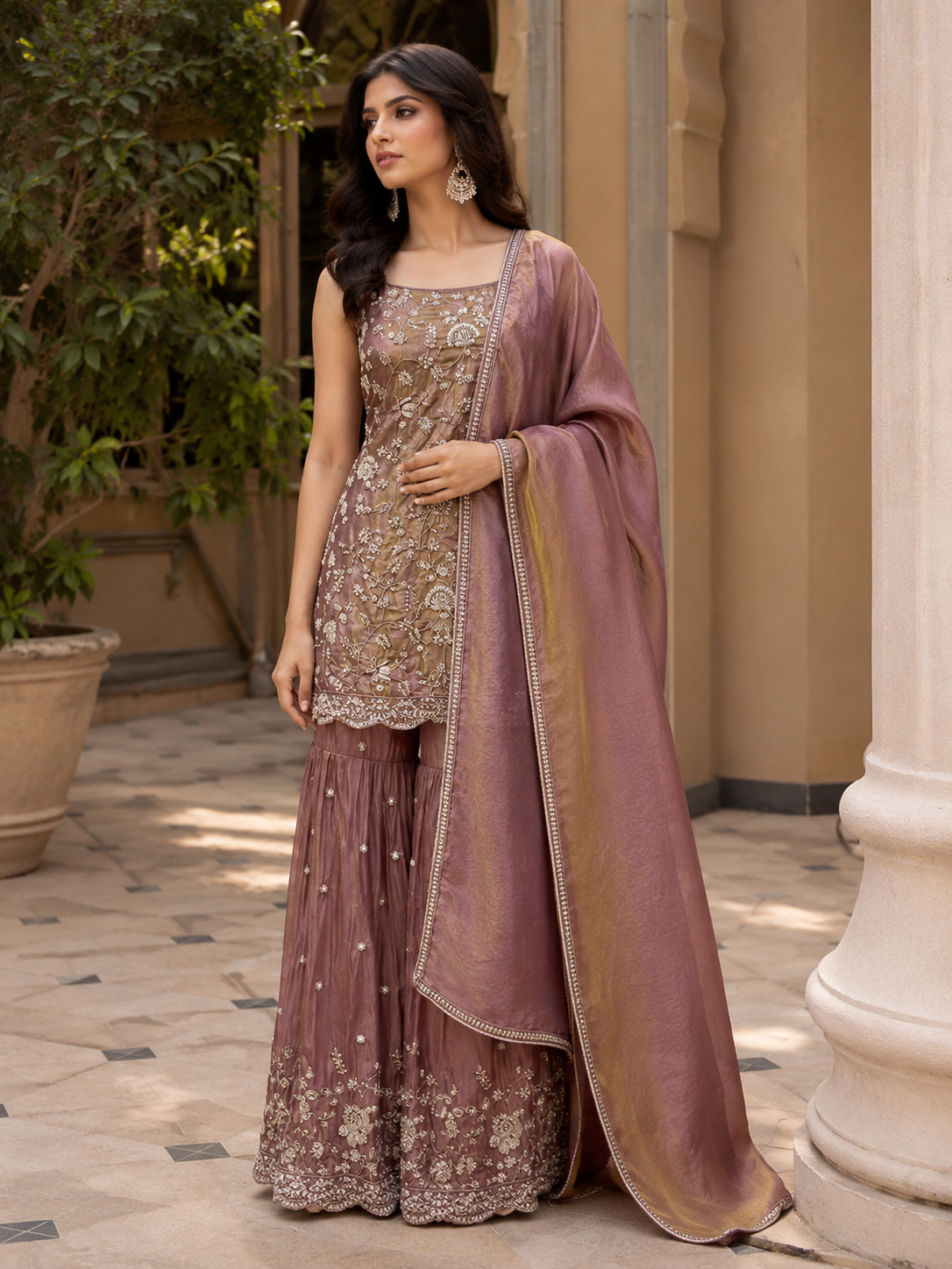 Mauve Bronze Floral Embroidered Sharara Ensemble