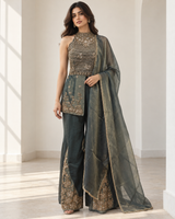 Smoky Teal Antique Gold Halter Palazzo Set