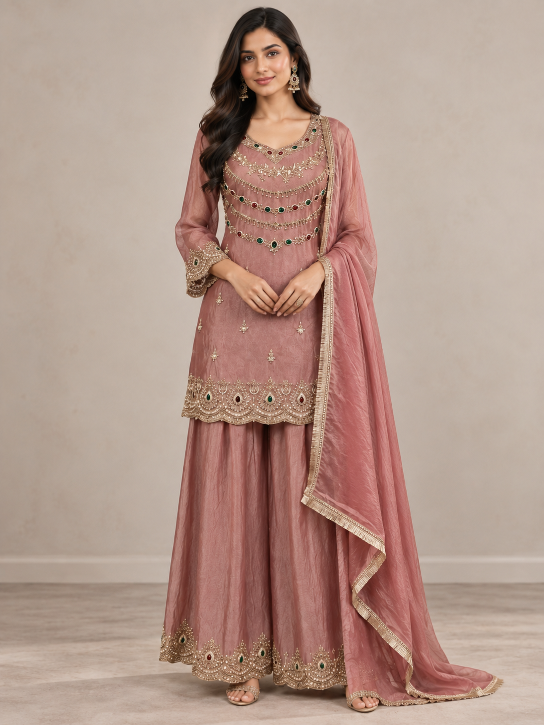 Dusty Rose Gold Jewel Palazzo Set