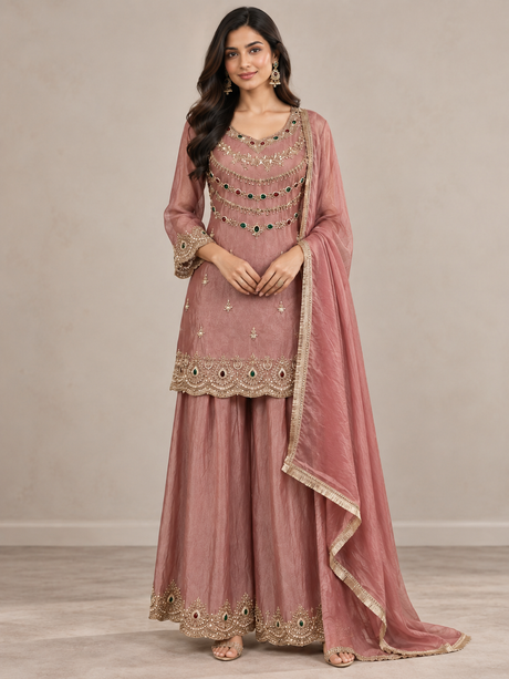 Dusty rose palazzo set with gold jewel detailing, front view