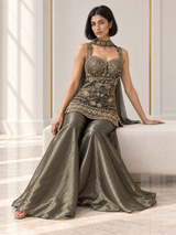 Smoky olive palazzo set with antique gold floral jewel embroidery
