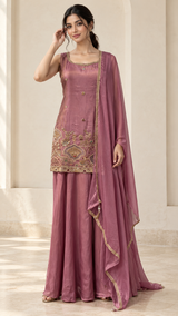 Mauve rose palazzo set with antique gold jewel motifs and matching dupatta