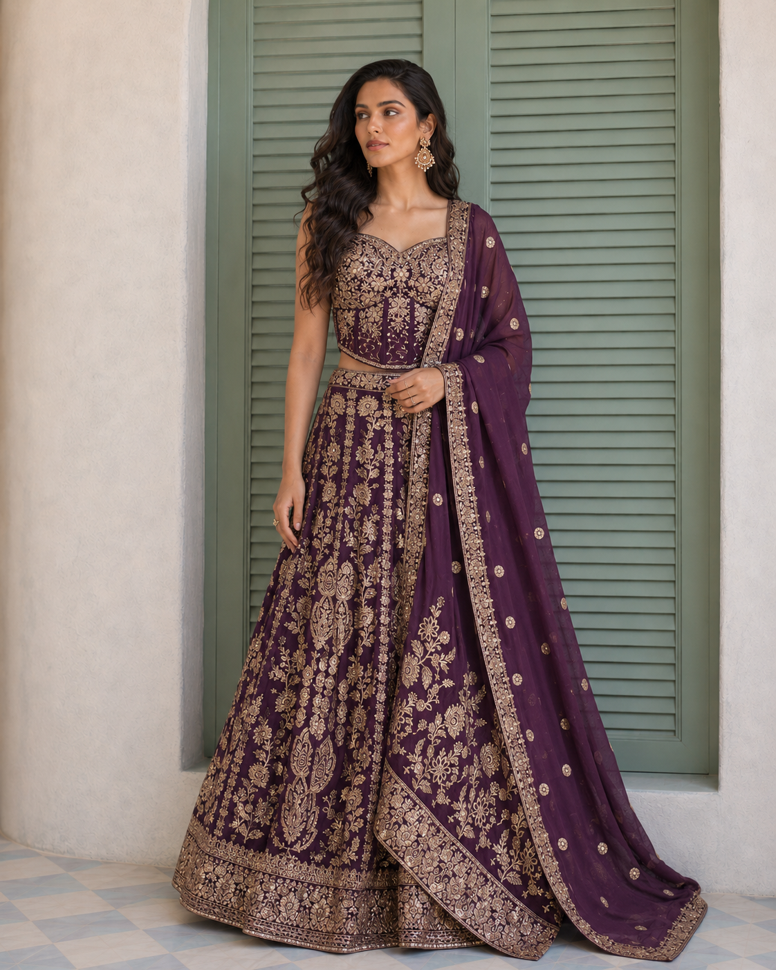 Aubergine Gold Embroidered Bridal Lehenga Set