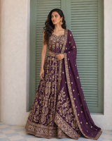 Aubergine Gold Embroidered Bridal Lehenga Set