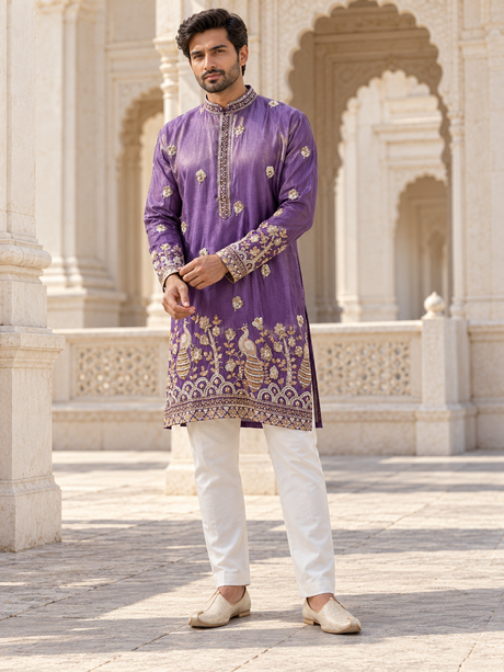Royal purple men's kurta with gold peacock motifs and a band collar
