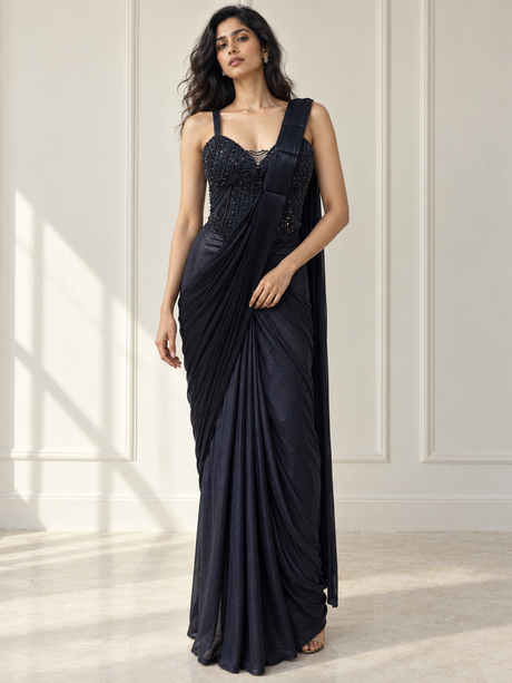 Midnight navy pre-draped saree set with crystal blouse and pleated pallu