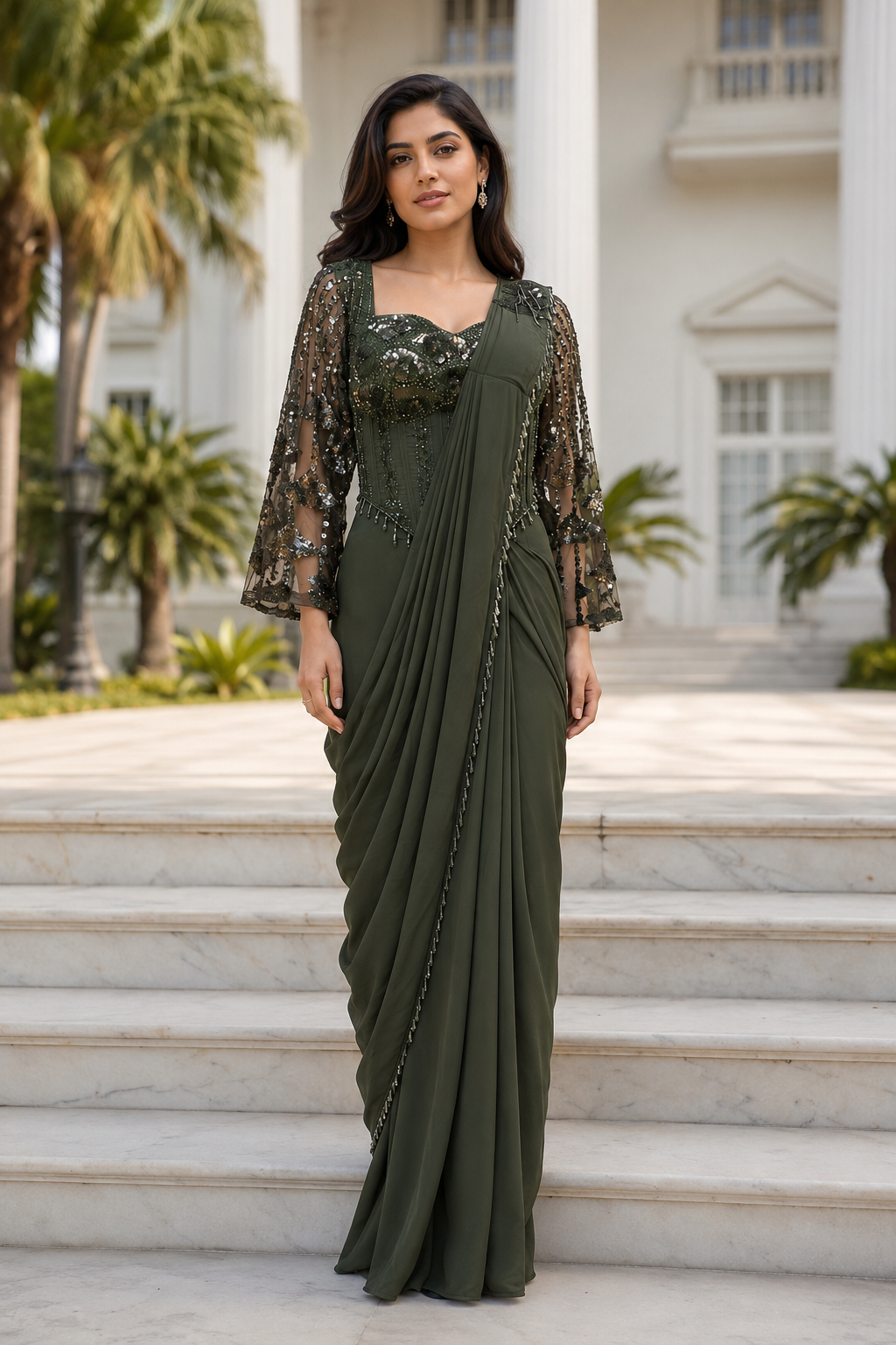 Olive Noir Embellished Corset Saree Set