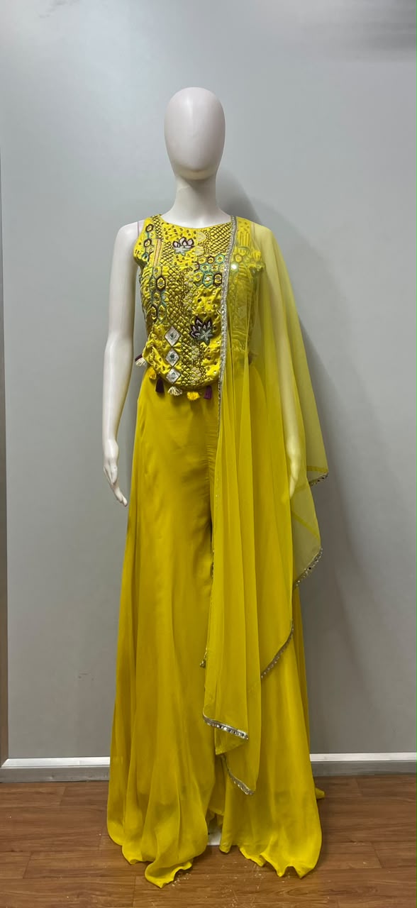 Citrine Mirrorwork Embroidered Palazzo Couture Ensemble