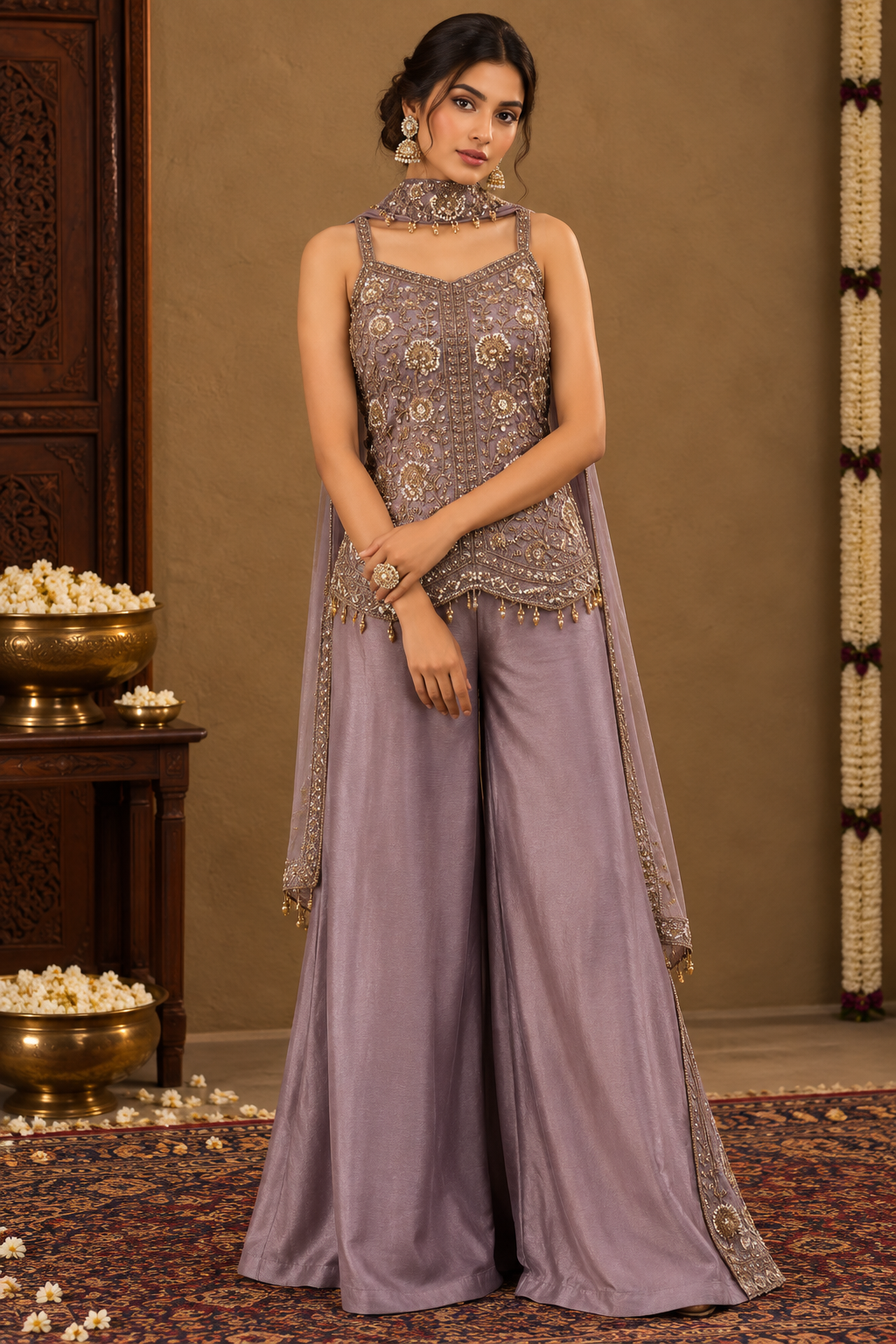 Smoky Lilac Antique Gold Floral Palazzo Set